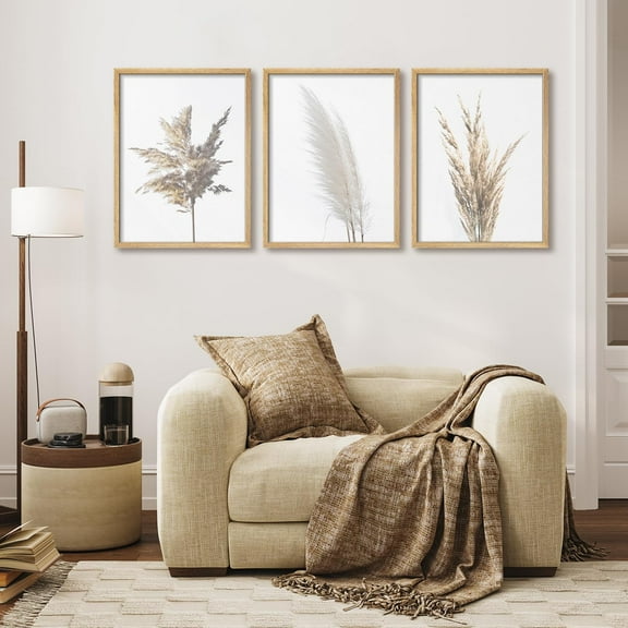 PixonSign Framed Wall Art Neutral Pampas Grass Modern Posters, Set of 3 Nature Wilderness Botanical Illustrations Wall Decor, Adhesive Canvas Prints for Home Decor - 8"x10" Natural