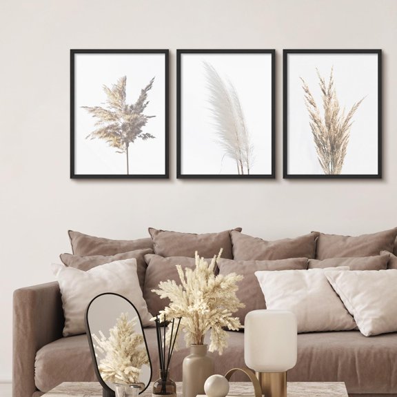 PixonSign Framed Wall Art Neutral Pampas Grass Modern Posters, Set of 3 Nature Wilderness Botanical Illustrations Wall Decor, Adhesive Canvas Prints for Home Decor - 12"x16" Black