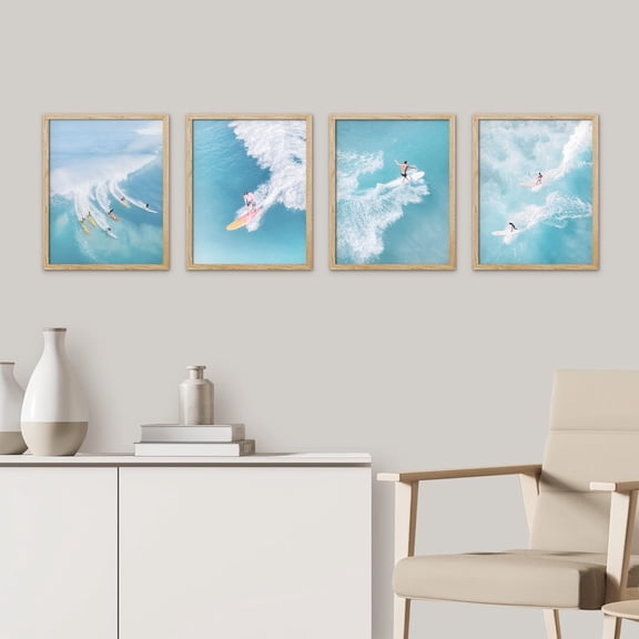 PixonSign Framed Wall Art, Ocean Nautical Landscape Posters, Set of 4 Surfing Surfboard Aerial View Wall Decor Prints, Nature Wilderness Modern Wall Décor for Living Room, Bedroom - 8"x10" Natural