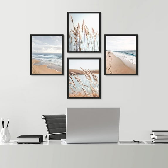PixonSign Framed Wall Art, Ocean Sea Wave Horizon Posters, Set of 4 White Beach Grass Cloudy Landscape Prints, Colorful Wall Decor, Nature Wilderness Modern Wall Décor for Home - 11"x14" Black