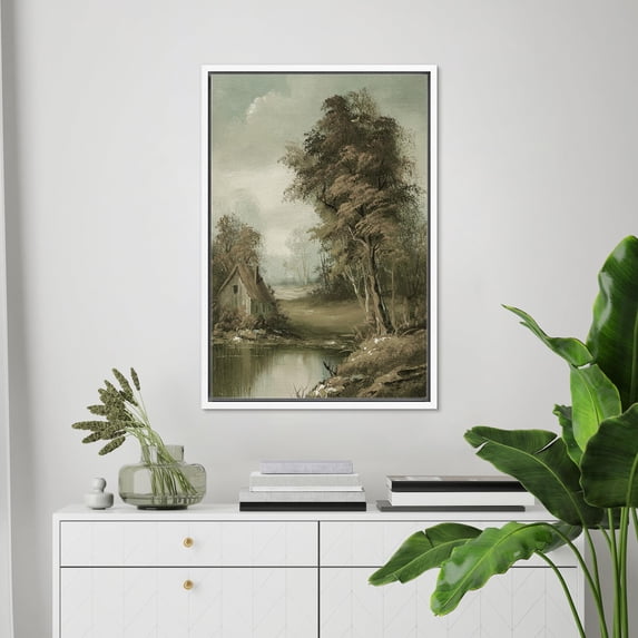 PixonSign Framed Wall Art Old Cottage Near Forest Tree Lake Floral/Botanical Nature Artwork Farmhouse Oil Paintings Modern Scenery Canvas Prints Contemporary for Rooms - 24"x36" White