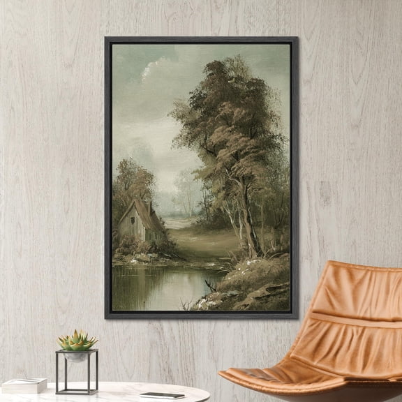 PixonSign Framed Wall Art Old Cottage Near Forest Tree Lake Floral/Botanical Nature Artwork Farmhouse Oil Paintings Modern Scenery Canvas Prints Contemporary for Rooms - 16"x24" Black