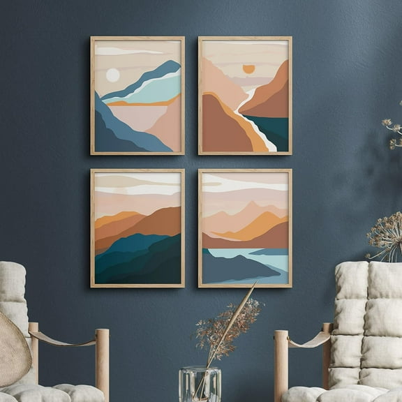 PixonSign Framed Wall Art Orange & Blue Mountain Landscapes Prints, Set of 4 Abstract Geometric Wall Decor Arts, Forest Wall Décor, Adhesive Canvas Poster, Modern Home Artwork - 11"x14" Natural