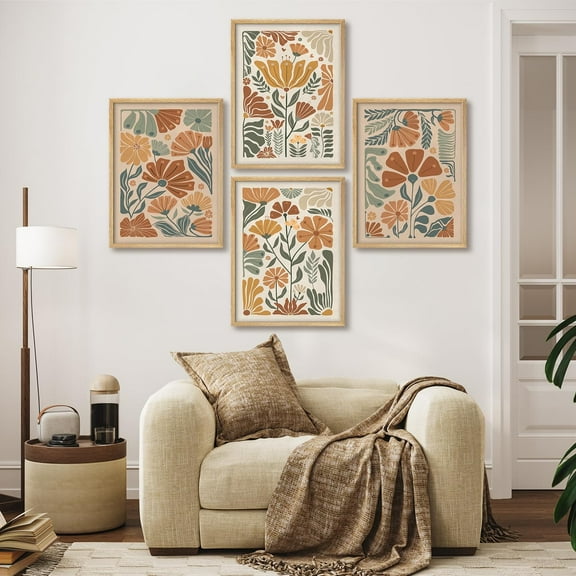 PixonSign Framed Wall Art Orange & Green Daisy Floral Posters, Set of 4 Minimalist Floral Design Botanical Illustrations Wall Decor, Adhesive Canvas Prints for Home Decor - 8"x10" Natural