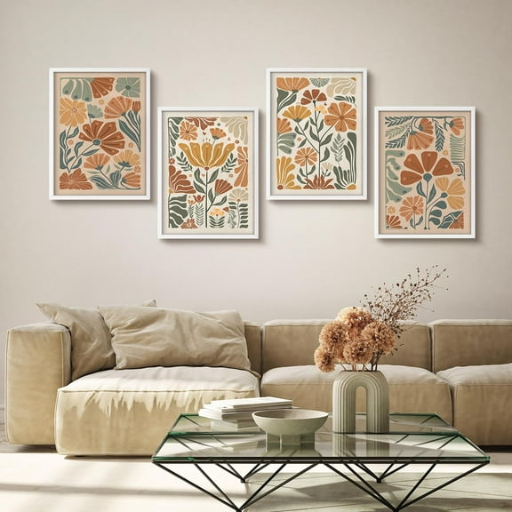 PixonSign Framed Wall Art Orange & Green Daisy Floral Posters, Set of 4 Minimalist Floral Design Botanical Illustrations Wall Decor, Adhesive Canvas Prints for Home Decor - 8"x10" White