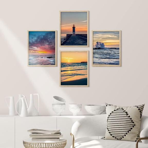 PixonSign Framed Wall Art Orange Sunset Lighthouse Ocean Prints, Set of 4 Sea Landscape Wall Decor Arts, Nature Wall Décor, Beach Adhesive Canvas Poster, Modern Home Artwork - 8"x10" Natural