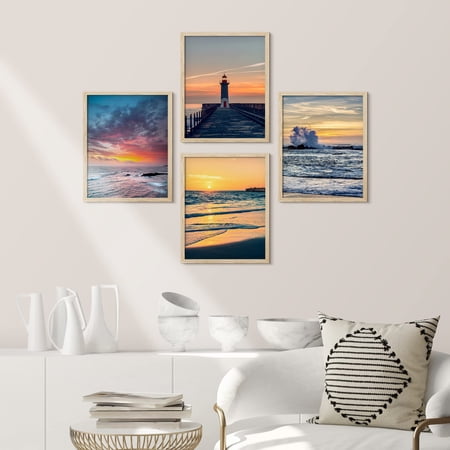 PixonSign Framed Wall Art Orange Sunset Lighthouse Ocean Prints, Set of 4 Sea Landscape Wall Decor Arts, Nature Wall Décor, Beach Adhesive Canvas Poster, Modern Home Artwork - 11"x14" Natural