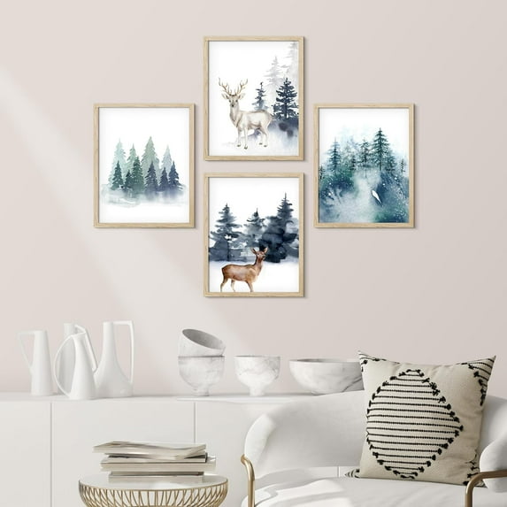PixonSign Framed Wall Art Pastel Christmas Reindeer Deer Moose Forest Prints, Set of 4 Cartoon Winter Celebrations & Holidays Wall Décor, Modern Adhesive Canvas Posters - 11"x14" Natural