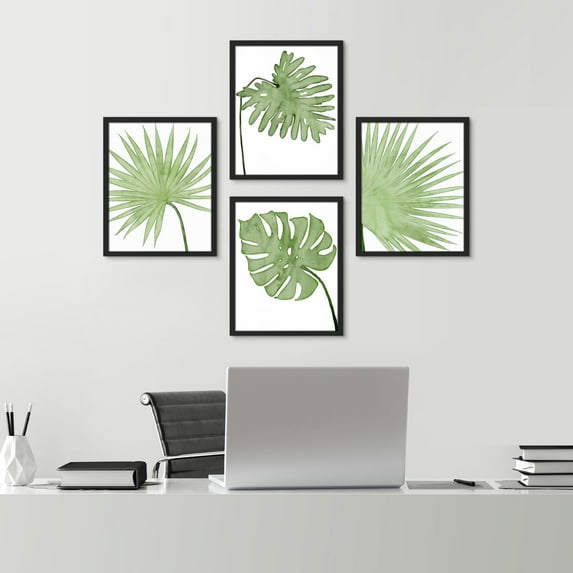 PixonSign Framed Wall Art Pastel Green Tropical Jungle Palm Leaf Prints, Set of 4 Nature Wildernes Paintings, Minimalism Wall Décor, Adhesive Canvas Poster for Home Decor -