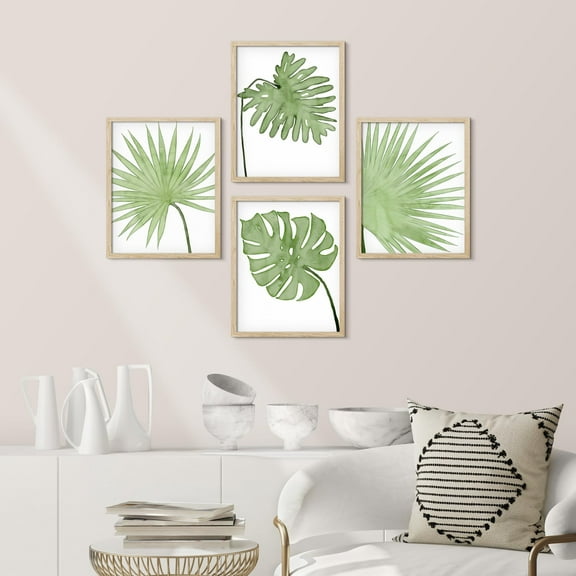 PixonSign Framed Wall Art Pastel Green Tropical Jungle Palm Leaf Prints, Set of 4 Nature Wildernes Paintings, Minimalism Wall Décor, Adhesive Canvas Poster for Home Decor -
