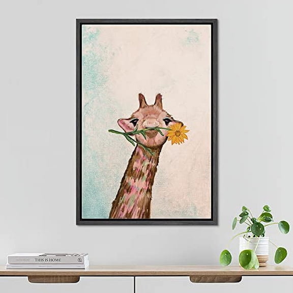 PixonSign Framed Wall Art Pastel Jungle Baby Giraffe with Sunflower Nature Animals Portrait Artwork Cartoon Oil Paintings Modern Canvas Prints Colorful Fine Art for Rooms - 16"x24" Black