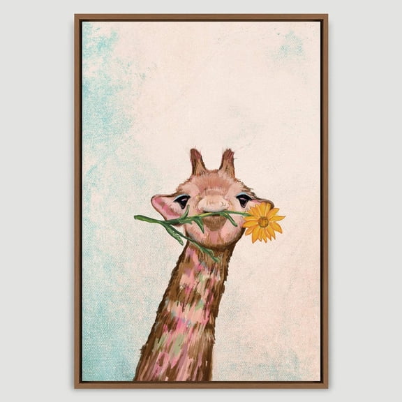 PixonSign Framed Wall Art Pastel Jungle Baby Giraffe with Sunflower Nature Animals Portrait Artwork Cartoon Oil Paintings Modern Canvas Prints Colorful Fine Art for Rooms - 16"x24" Natural