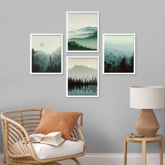 PixonSign Framed Wall Art Pastel Mountain In Early Spring Prints, Set of 4 Forest Duotone Landscape Wall Decor Arts, Nature Wall Décor, Adhesive Canvas Poster, Modern Home Artwork - 8"x10" White