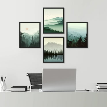 PixonSign Framed Wall Art Pastel Mountain In Early Spring Prints, Set of 4 Forest Duotone Landscape Wall Decor Arts, Nature Wall Décor, Adhesive Canvas Poster, Modern Home Artwork - 11"x14" Black