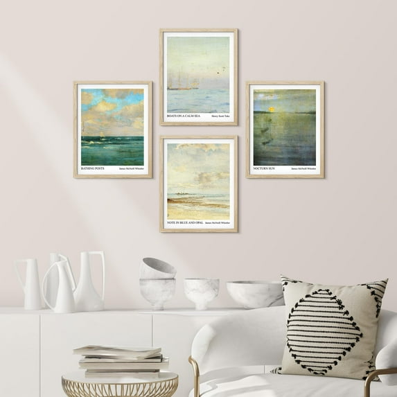 PixonSign Framed Wall Art Pastel Ocean Seascape Posters, Set of 4 Nautical Horizons Nature Wilderness Illustrations Wall Decor, Adhesive Canvas Prints for Home Decor - 8"x10" Natural