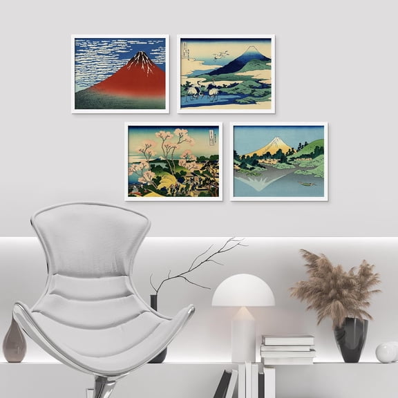 PixonSign Framed Wall Art Pastel Ocean Seascape Posters, Set of 4 Nautical Horizons Nature Wilderness Illustrations Wall Decor, Adhesive Canvas Prints for Home Decor - 8"x10" White