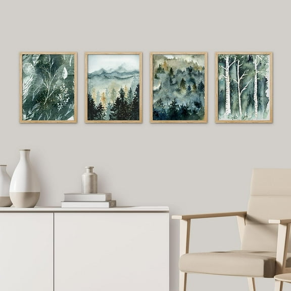 PixonSign Framed Wall Art Pastel Pine Trees Snowy Mountain Prints, Set of 4 Nature Wilderness Wall Décor, Modern Adhesive Canvas Posters for Living Room, Bedroom, Office - 11"x14" Natural