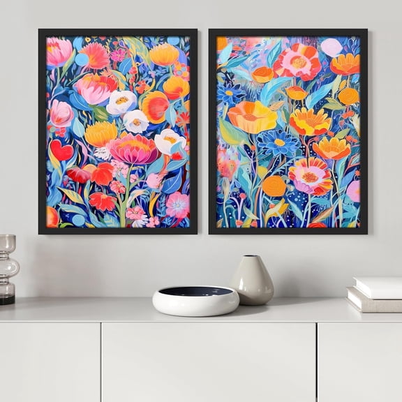 PixonSign Framed Wall Art Pastel Rainbow Wildflower Garden Posters, Set of 2 Floral Botanical Modern Art Boho Illustrations Wall Decor, Adhesive Canvas Prints for Home Decor - 8"x10" Black