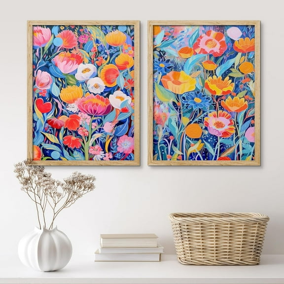 PixonSign Framed Wall Art Pastel Rainbow Wildflower Garden Posters, Set of 2 Floral Botanical Modern Art Boho Illustrations Wall Decor, Adhesive Canvas Prints for Home Decor - 11"x14" Natural