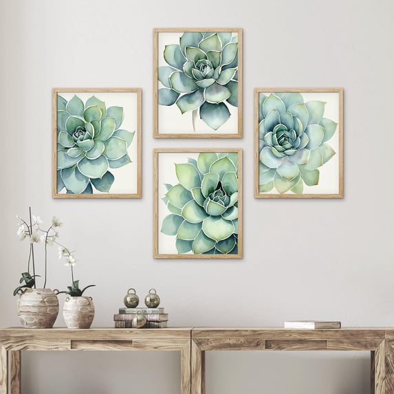 PixonSign Framed Wall Art Pastel Rose Cactus Succulent Adhesive Canvas Poster, Set of 4 Nature Wilderness Wall Decor Prints, Botanical Floral Wall Décor, Modern Artwork for Home - 12"x16" Natural