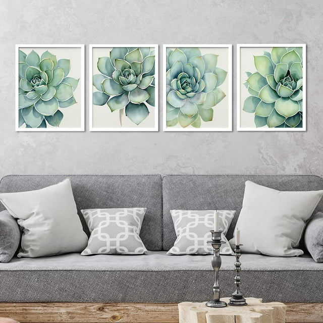 PixonSign Framed Wall Art Pastel Rose Cactus Succulent Adhesive Canvas Poster, Set of 4 Nature Wilderness Wall Decor Prints, Botanical Floral Wall Décor, Modern Artwork for Home - 11"x14" White