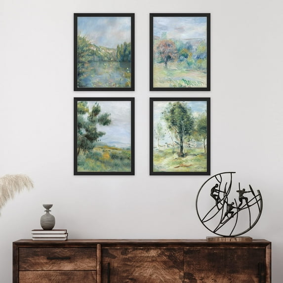 PixonSign Framed Wall Art Pastel Spring Forest, Set of 4 Classic Retro Countryside Wall Decor Arts, Nature Multicolor Wall Décor, Adhesive Canvas Poster, Modern Home Artwork - 8"x10" Black