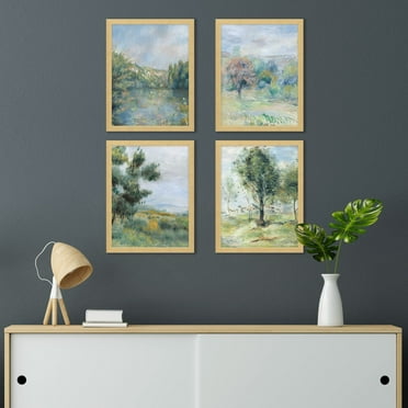 PixonSign Framed Wall Art Pastel Spring Forest, Set of 4 Classic Retro Countryside Wall Decor Arts, Nature Multicolor Wall Décor, Adhesive Canvas Poster, Modern Home Artwork - 11"x14" Natural