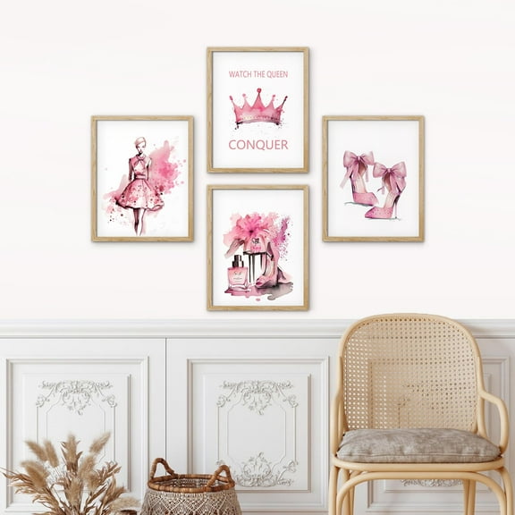 PixonSign Framed Wall Art Pastel Watercolor Ballerina Perfume Bottle Heels Posters, Set of 4 Pink Boho Illustrations Girl's Bedroom Preppy Room Modern Canvas Prints for Home Decor - 8"x10" Natural