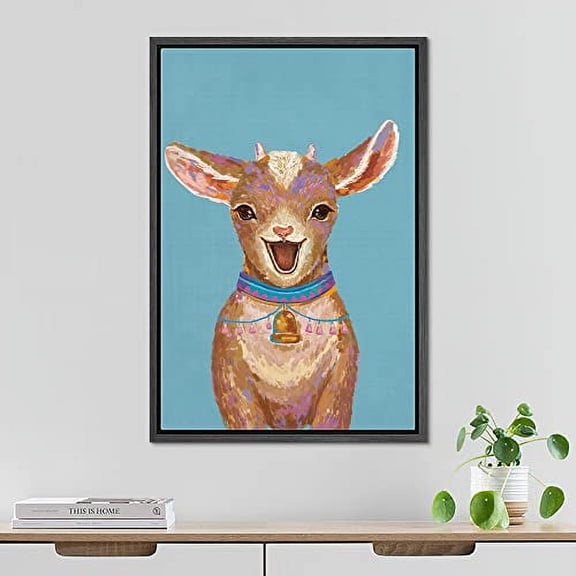 PixonSign Framed Wall Art Pastel Watercolor Bell Necklace Baby Goat Nature Animals Portrait Artwork Cartoon Oil Paintings Modern Canvas Prints Colorful Fine Art for Rooms - 16"x24" Black