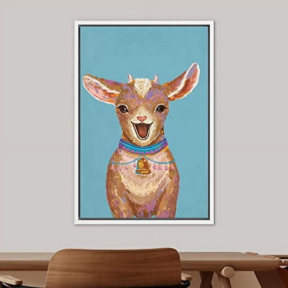 PixonSign Framed Wall Art Pastel Watercolor Bell Necklace Baby Goat Nature Animals Portrait Artwork Cartoon Oil Paintings Modern Canvas Prints Colorful Fine Art for Rooms - 24"x36" White