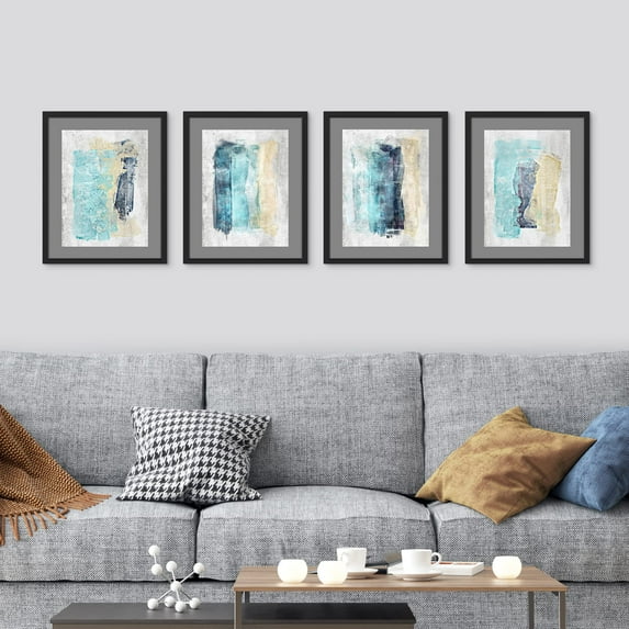 PixonSign Framed Wall Art Pastel Watercolor Blue, Teal, Yellow Paint Stroke Collage Inspired Illustrations Posters, Set of 4 Abstract Geometric Canvas Prints for Home Decor - 8"x10" Black
