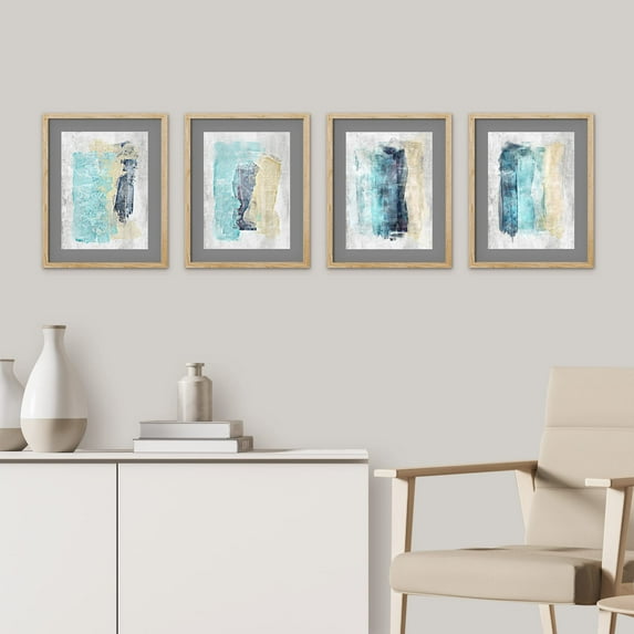 PixonSign Framed Wall Art Pastel Watercolor Blue, Teal, Yellow Paint Stroke Collage Inspired Illustrations Posters, Set of 4 Abstract Geometric Canvas Prints for Home Decor - 11"x14" Natural