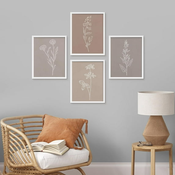 PixonSign Framed Wall Art, Pastel Watercolor Floral Posters, Set of 4 Wildflower Drawing Silhouettes Prints Wall Decor, Nature Wilderness Wall Décor for Living Room, Bedroom - 12"x16" White