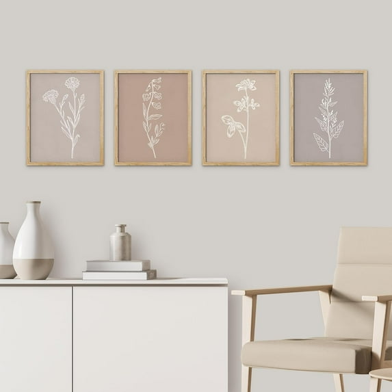 PixonSign Framed Wall Art, Pastel Watercolor Floral Posters, Set of 4 Wildflower Drawing Silhouettes Prints Wall Decor, Nature Wilderness Wall Décor for Living Room, Bedroom - 12"x16" Natural