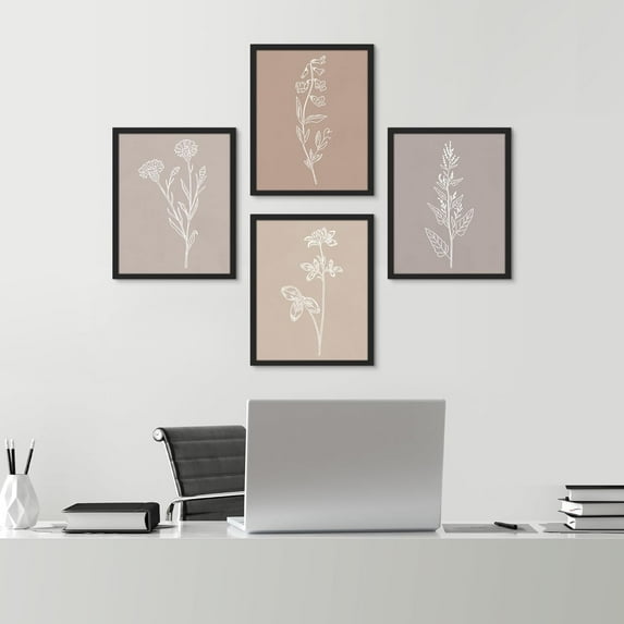 PixonSign Framed Wall Art, Pastel Watercolor Floral Posters, Set of 4 Wildflower Drawing Silhouettes Prints Wall Decor, Nature Wilderness Wall Décor for Living Room, Bedroom - 12"x16" Black