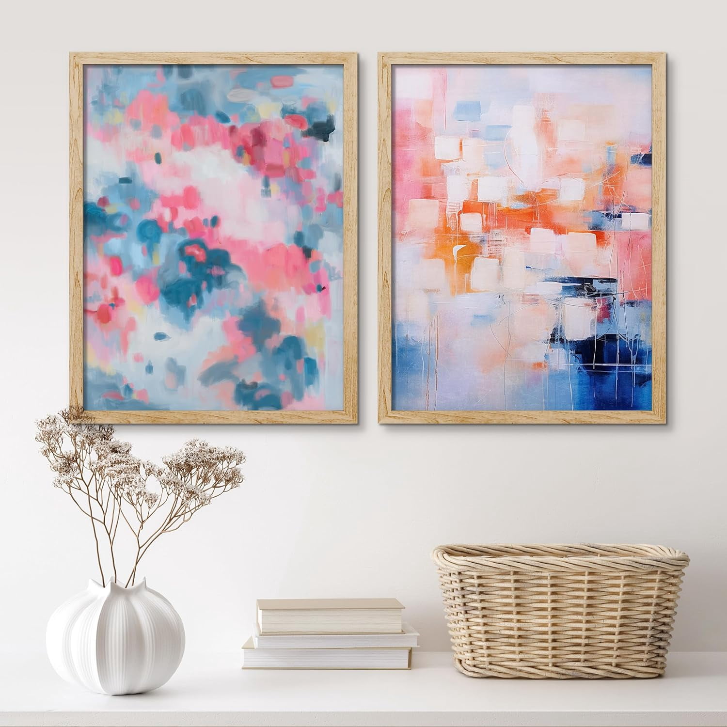 PixonSign Framed Wall Art Pastel Watercolor Navy Blue & Pink Posters, Set of 2 Geometric Abstract Modern Art Boho Illustrations Wall Decor, Adhesive Canvas Prints for Home Decor - 8"x10" Natural