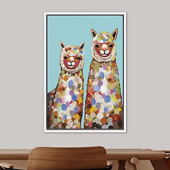 PixonSign Framed Wall Art Pastel Watercolor Rainbow Dot Llama Alpacas Nature Animals Portrait Artwork Cartoon Oil Paintings Modern Canvas Prints Colorful Fine Art for Rooms - 24"x36" White