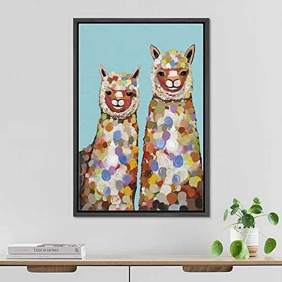PixonSign Framed Wall Art Pastel Watercolor Rainbow Dot Llama Alpacas Nature Animals Portrait Artwork Cartoon Oil Paintings Modern Canvas Prints Colorful Fine Art for Rooms - 16"x24" Black