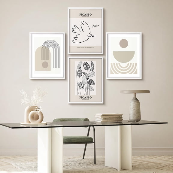 PixonSign Framed Wall Art Picasso Inspired Abstract Modern Posters, Set of 4 Minimalist Line and Geometric Pattern Illustrations Wall Decor, Adhesive Canvas Prints for Home Decor - 8"x10" White
