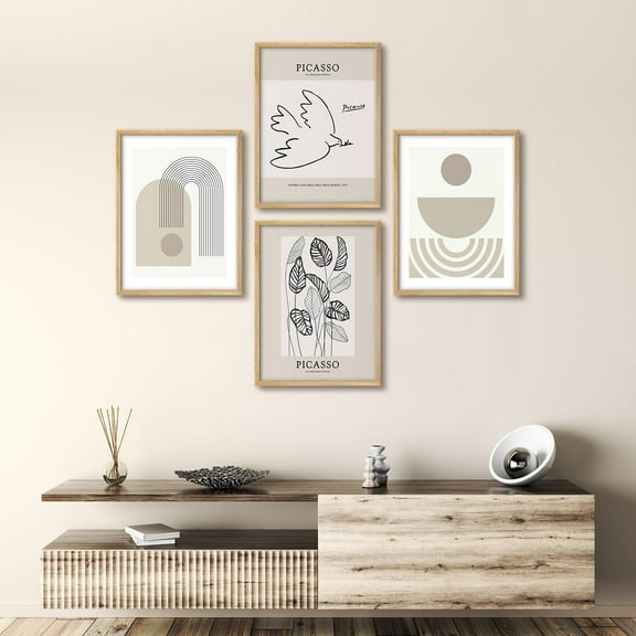 PixonSign Framed Wall Art Picasso Inspired Abstract Modern Posters, Set of 4 Minimalist Line and Geometric Pattern Illustrations Wall Decor, Adhesive Canvas Prints for Home Decor - 8"x10" Natural