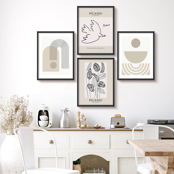 PixonSign Framed Wall Art Picasso Inspired Abstract Modern Posters, Set of 4 Minimalist Line and Geometric Pattern Illustrations Wall Decor, Adhesive Canvas Prints for Home Decor - 12"x16" Black