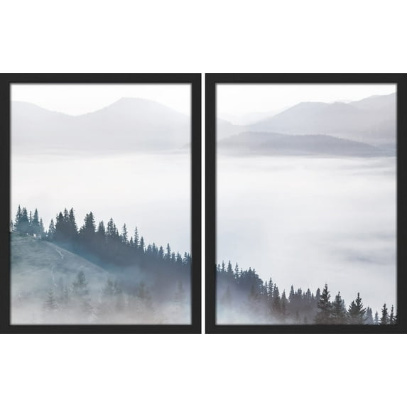 PixonSign Framed Wall Art Pine Tree Forest Posters, Set of 2 Nature Duotone Teal White Mountain Landscape Illustrations Wall Decor, Adhesive Canvas Prints for Home Decor - 11"x14" Black