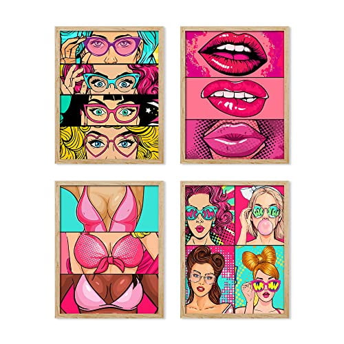 PixonSign Framed Wall Art Pink Lipstick Cartoon Fashion Posters, Set of 4 Girls in Bikini Girl's Bedroom Preppy Room Wall Decor, Adhesive Modern Canvas Prints for Home Decor - 11"x14" Natural