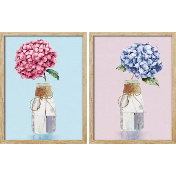 PixonSign Framed Wall Art Pink & Purple Hydrangea Macrophylla In Bottles Posters, Set of 2 Floral Botanical Illustrations Wall Decor, Adhesive Canvas Prints for Home Decor - 11"x14" Natural