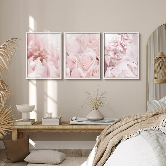 PixonSign Framed Wall Art Pink Roses Banquet Posters, Set of 3 Fresh Floral Botanical Illustrations Minimalist Wall Decor, Flowers Adhesive Canvas Prints for Home Decor - 11"x14" White