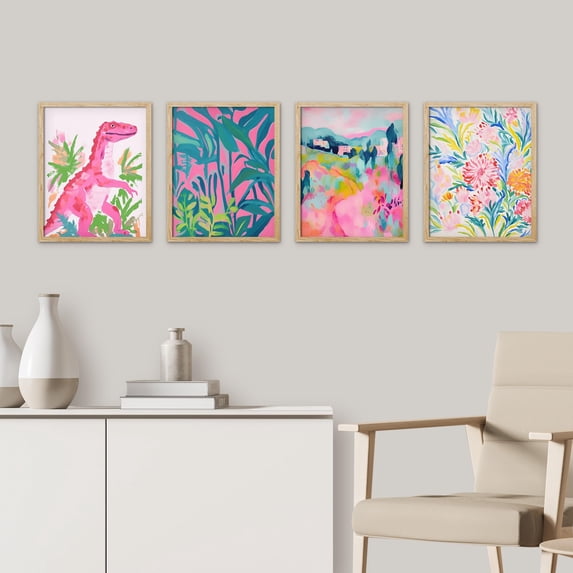 PixonSign Framed Wall Art Playful Dinosaur and Abstract Nature Landscape Illustrations Posters, Set of 4 Pink Boho Pastel Fine Art Multicolor Canvas Prints for Home Decor - 8"x10" Natural
