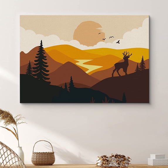 PixonSign Framed Wall Art Print Elk Above Yellow Mountain Landscape Animals Wildlife Illustrations Modern Art Rustic Landscape Fun Multicolor Boho Decor for Living Room, Bedroom - 32"x48"