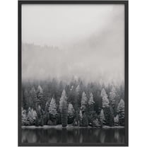 PixonSign Framed Wall Art Print Fog Covers Top of Forest Trees Nature Wilderness Photography Realism Modern Landscape Dramatic Dark Black and White for Living Room, Bedroom, Office - 12"x16" BLACK