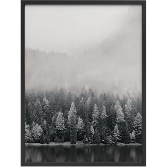 PixonSign Framed Wall Art Print Fog Covers Top of Forest Trees Nature Wilderness Photography Realism Modern Landscape Dramatic Dark Black and White for Living Room, Bedroom, Office - 12"x16" BLACK