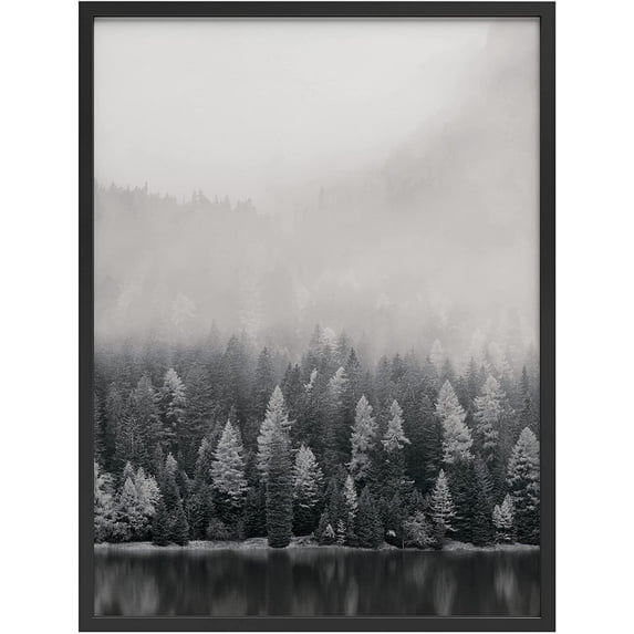 PixonSign Framed Wall Art Print Fog Covers Top of Forest Trees Nature Wilderness Photography Realism Modern Landscape Dramatic Dark Black and White for Living Room, Bedroom, Office - 12"x16" BLACK